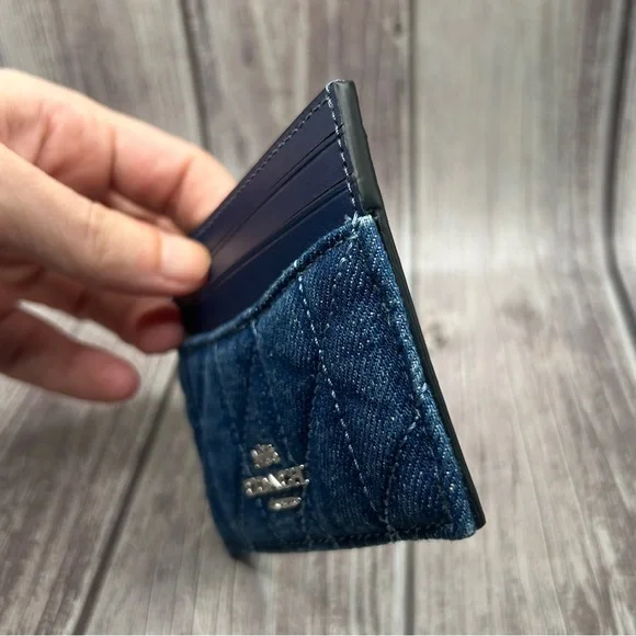 NEW COACH Denim & Leather Quilted Slim ID Card Case Compact Wallet - Picture 9 of 10